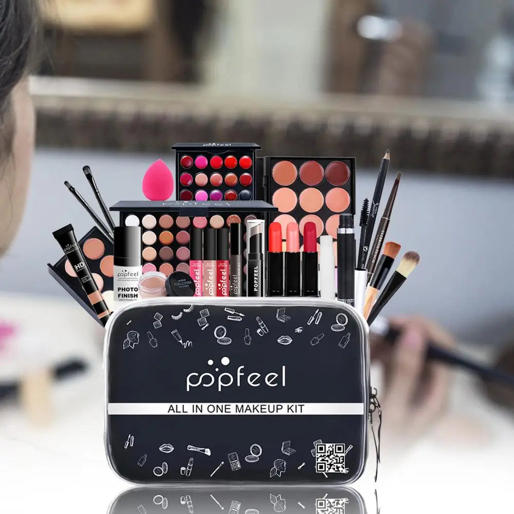 Trousse de maquillage tout-en-un POPFEEL avec étui de rangement, ensemble de palette de cosmétiques noire, collection de produits de beauté multi-produits, trousse de maquillage de voyage portable