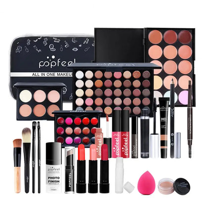 Trousse de maquillage tout-en-un POPFEEL avec étui de rangement, ensemble de palette de cosmétiques noire, collection de produits de beauté multi-produits, trousse de maquillage de voyage portable