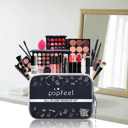 Trousse de maquillage tout-en-un POPFEEL avec étui de rangement, ensemble de palette de cosmétiques noire, collection de produits de beauté multi-produits, trousse de maquillage de voyage portable